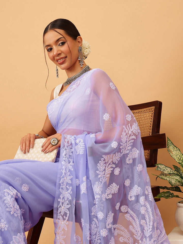 Mauve Poly Georgette Embroidered Chikankari Saree