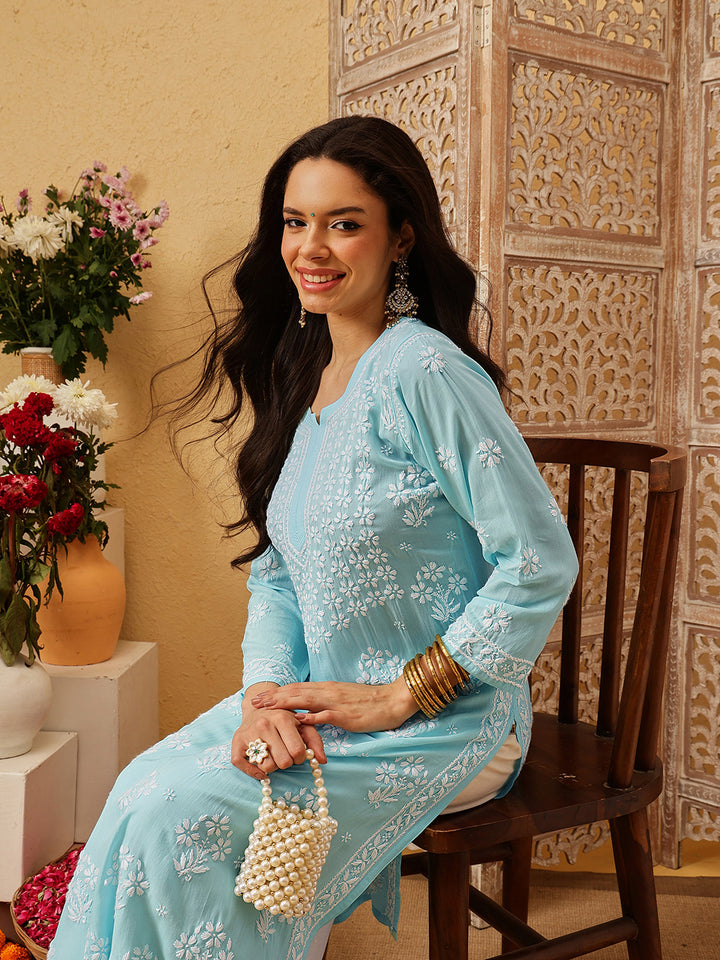 Hand Embroidered Lucknowi Chikankari Blue & White Modal Kurta