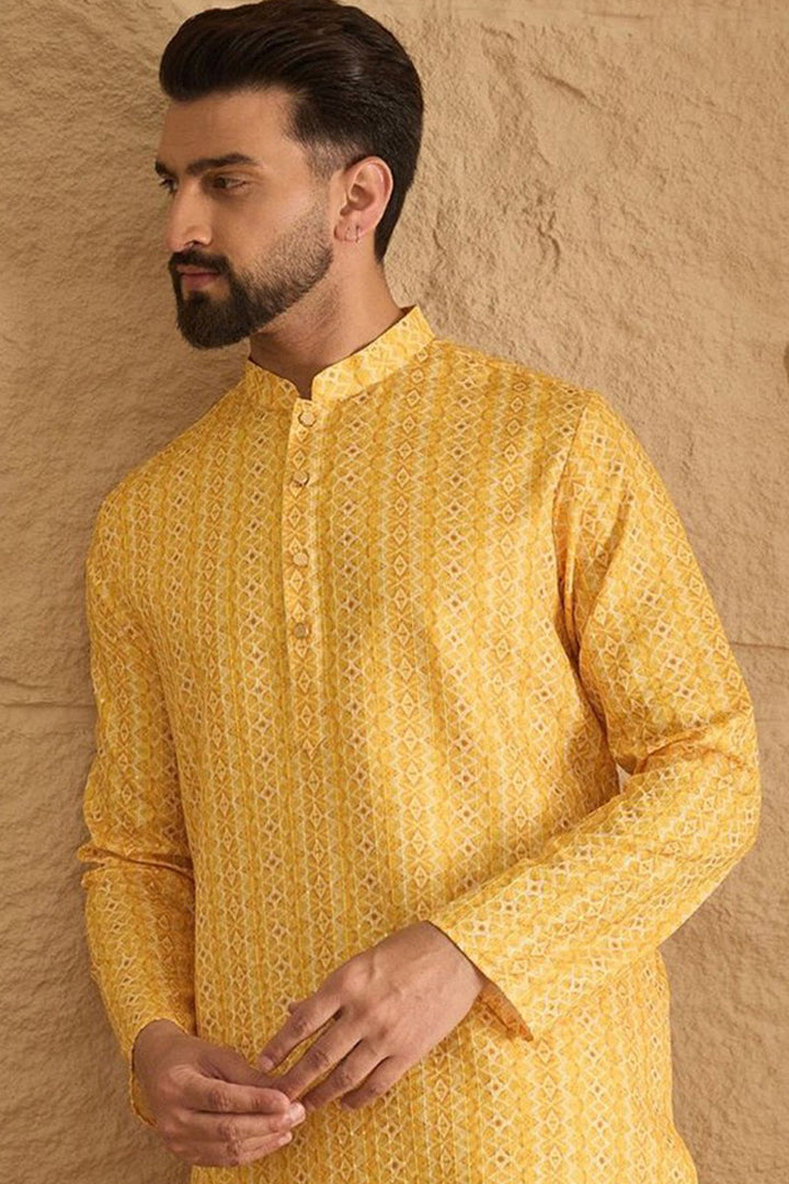 Mens Yellow Silk Blend Geometric Embroidered Straight Kurta with Trouser