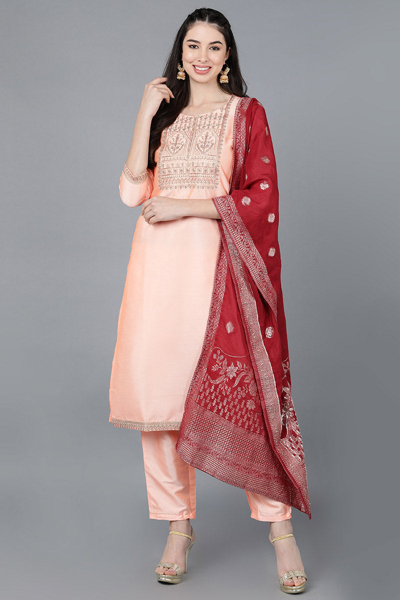 Peach-Poly-Silk-A-Line-3-Piece-Kurta-Set