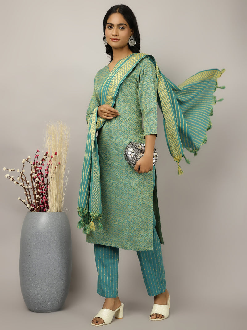 Sea-Green-Cotton-Blend-Self-Design-Festive-3-Piece-Kurta-Set