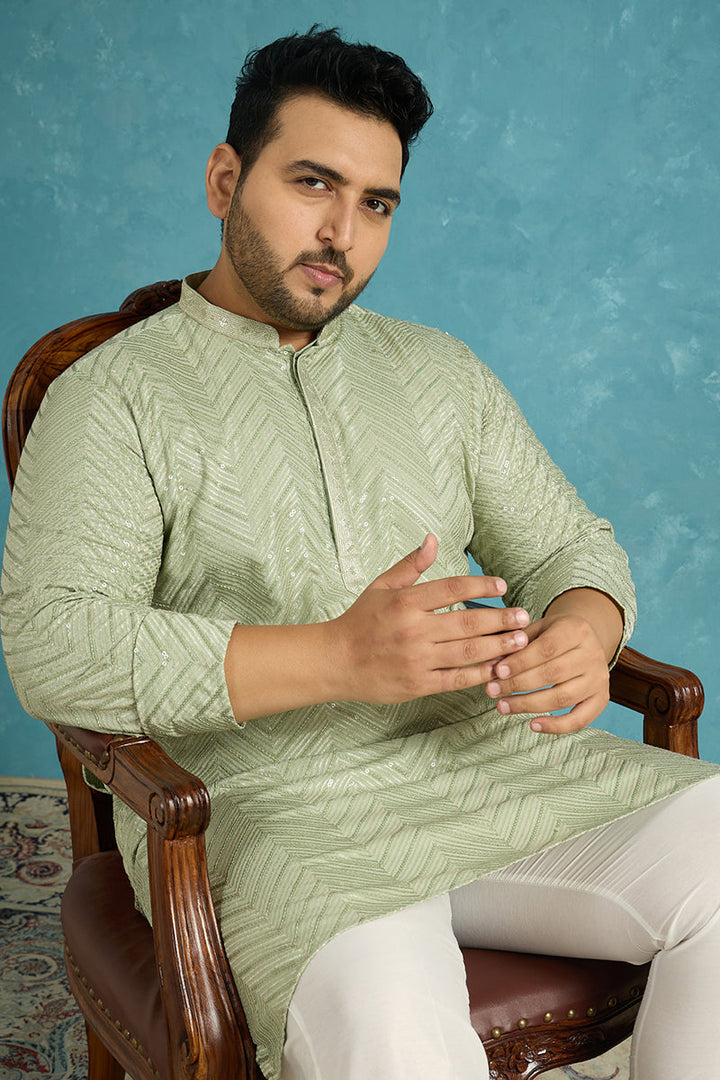Mens Green Viscose Rayon Solid Chikankari Embroidered Kurta