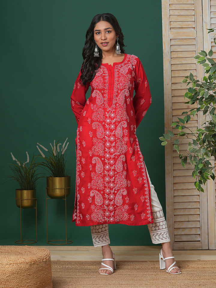 Hand Embroidered Lucknowi Chikankari Red &amp; White Cotton Kurta