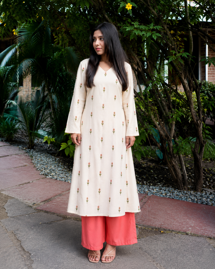 Women Floral Printed Kurta & Coral Palazzo Set