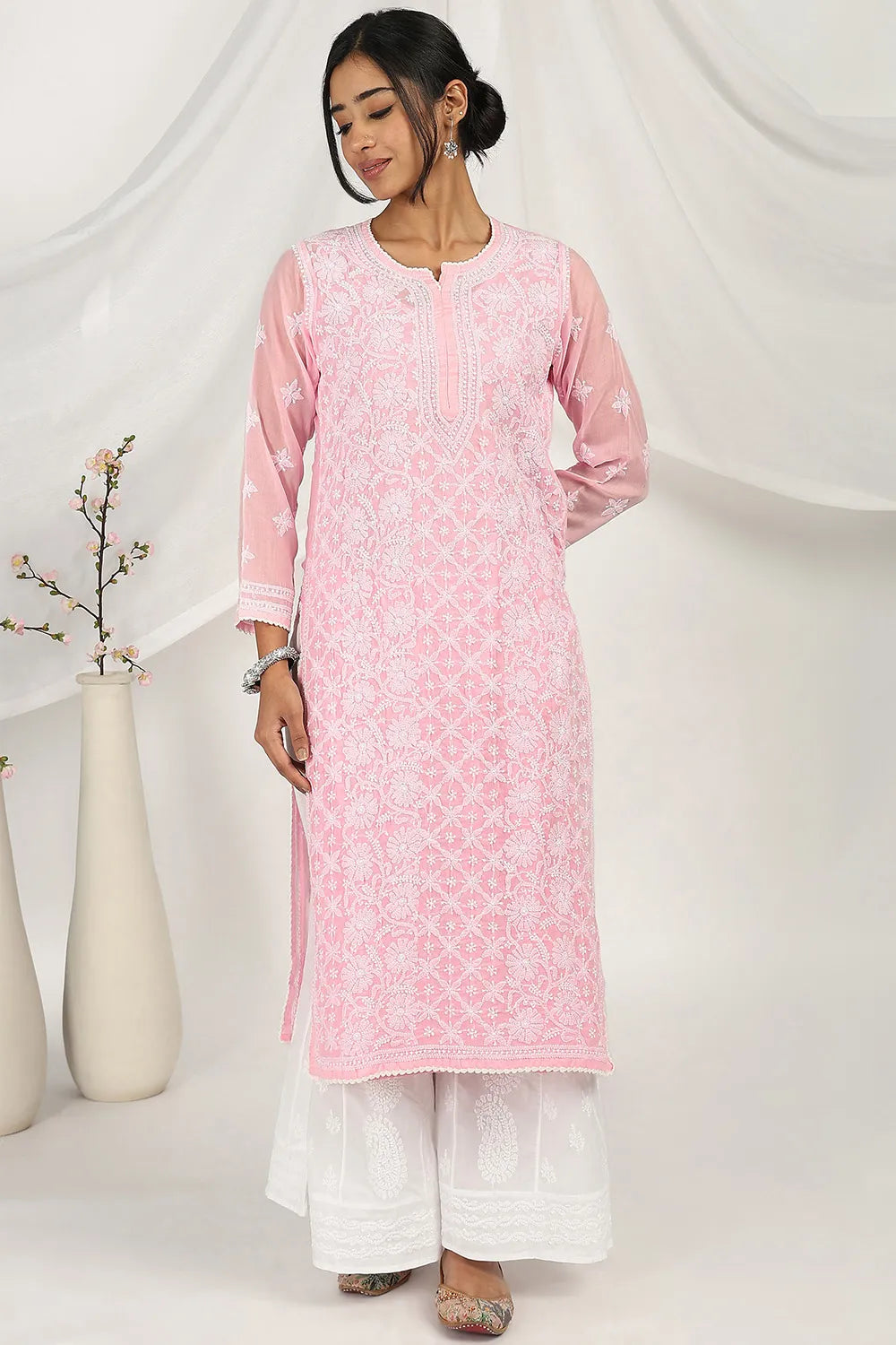 Pink-Mul-Cotton-Chikankari-Designer-Kurta-Only