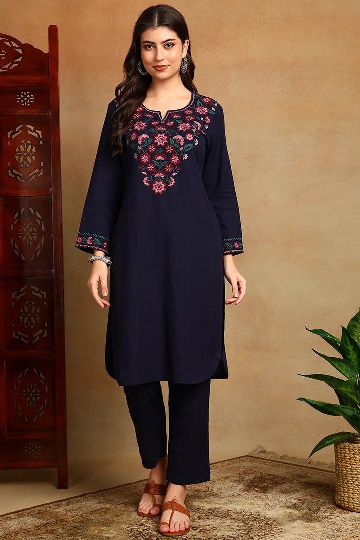 Navy-Blue-Embroidered-Flax-Linen-Kurta