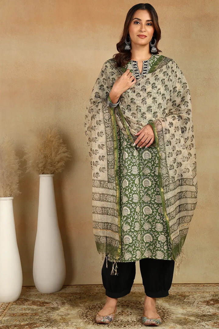 Green-&-Black-Cotton-Hand-Block-Print-Straight-Bagru-Kurta