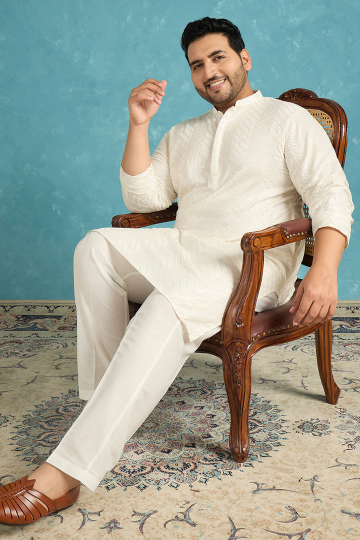 Mens Off White Viscose Rayon Solid Sequins Embroidered Kurta
