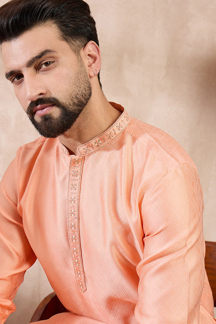 Mens Peach Silk Blend Solid Embroidered Straight Kurta