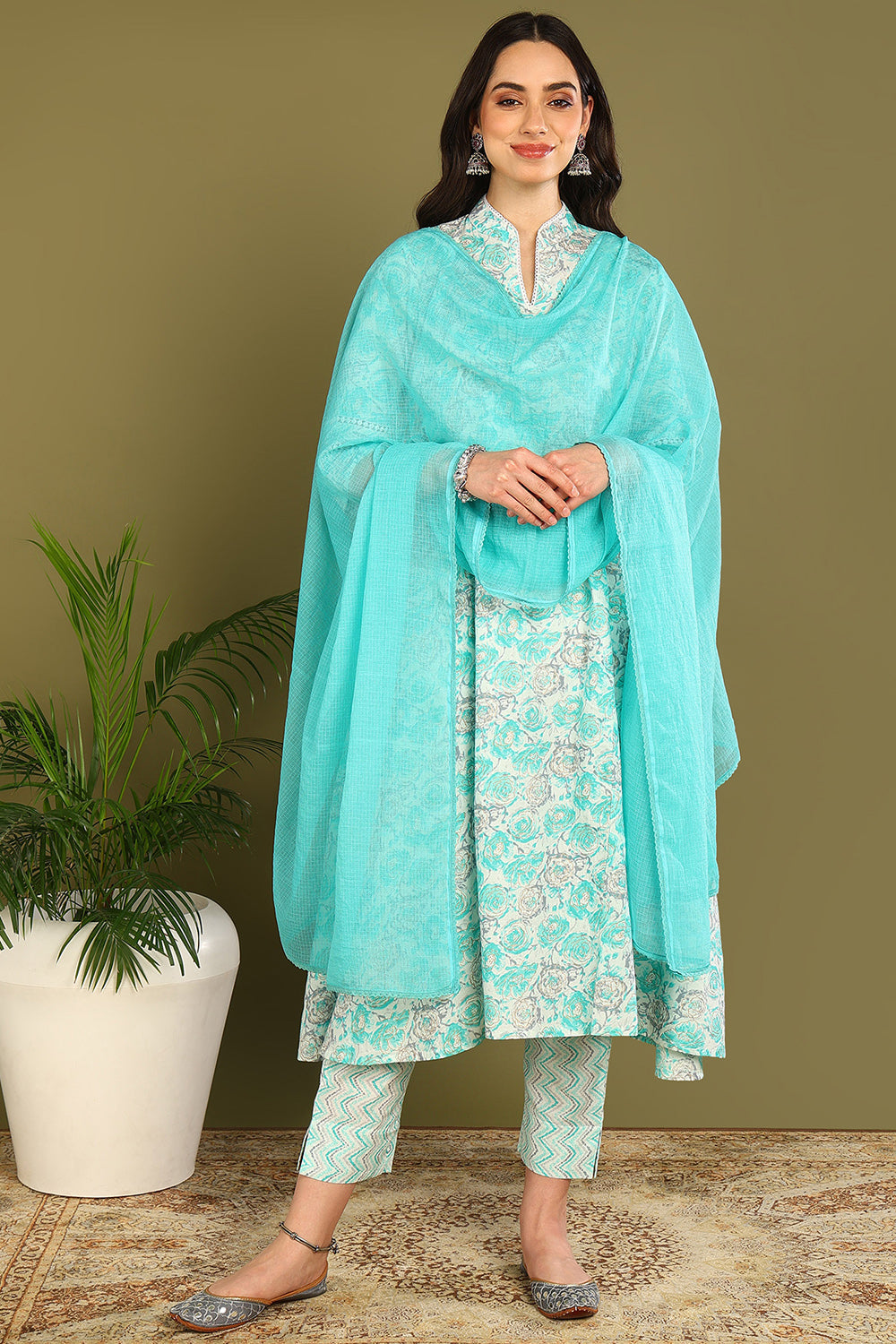 Green-Cotton-Printed-A-Line-Sanganeri-Kurta