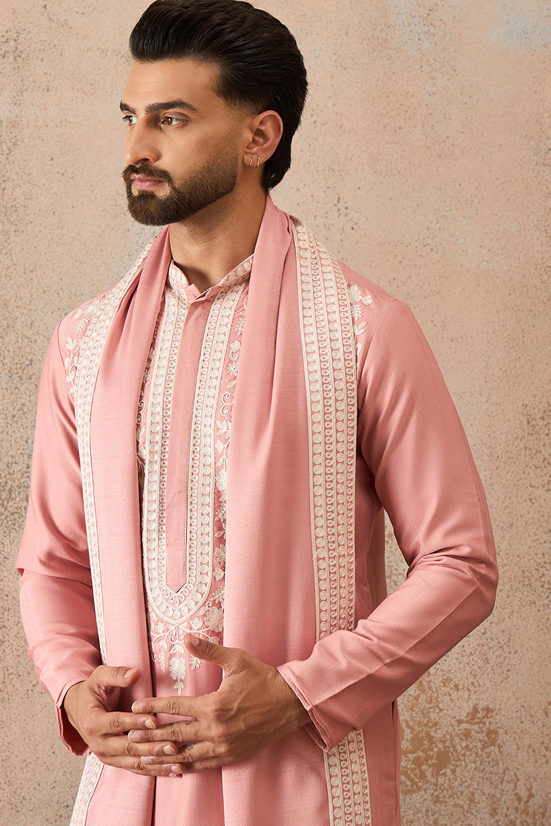 Mens Peach Silk Blend Solid Embroidered Kurta With Dupatta