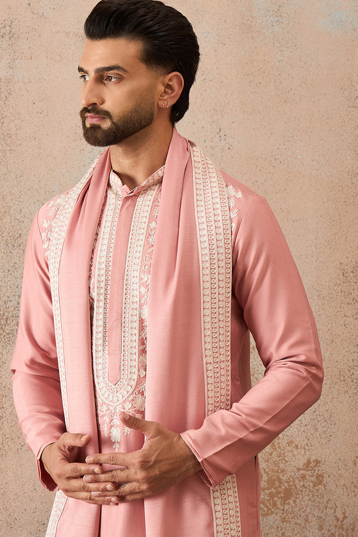 Mens Peach Silk Blend Solid Embroidered Kurta With Dupatta