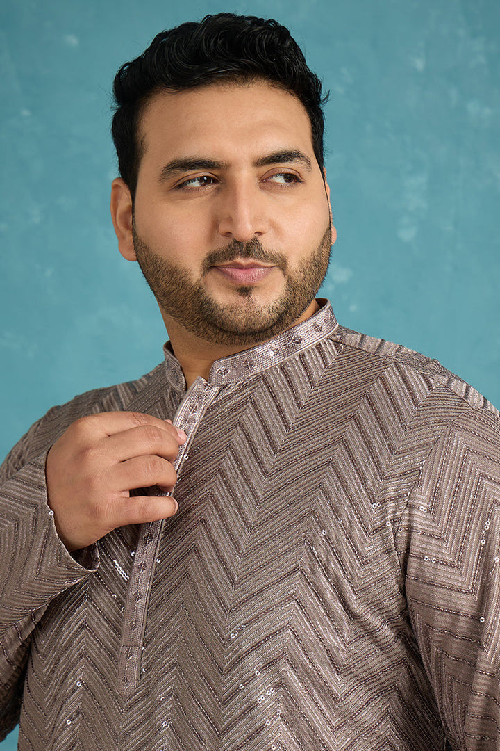 Mens Grey Viscose Rayon Solid Thread Work Embroidered Kurta