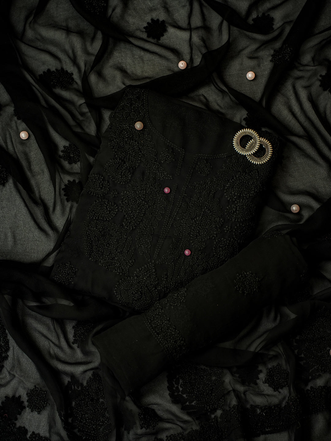 Black Georgette Chikankari Tone to Tone Dress Material