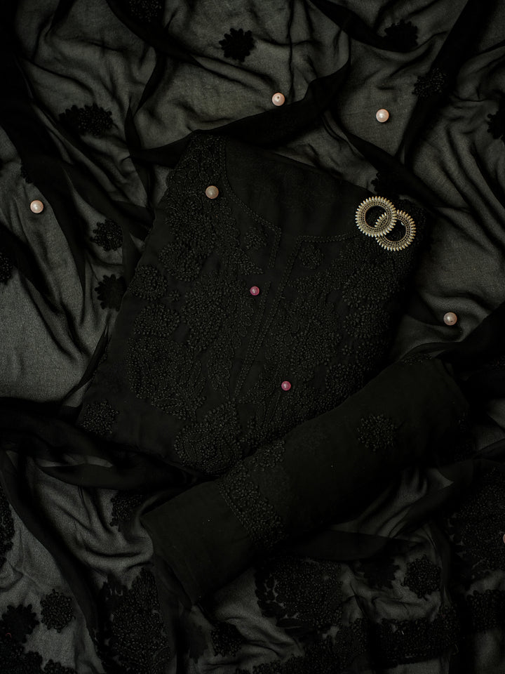 Black Georgette Chikankari Tone to Tone Dress Material