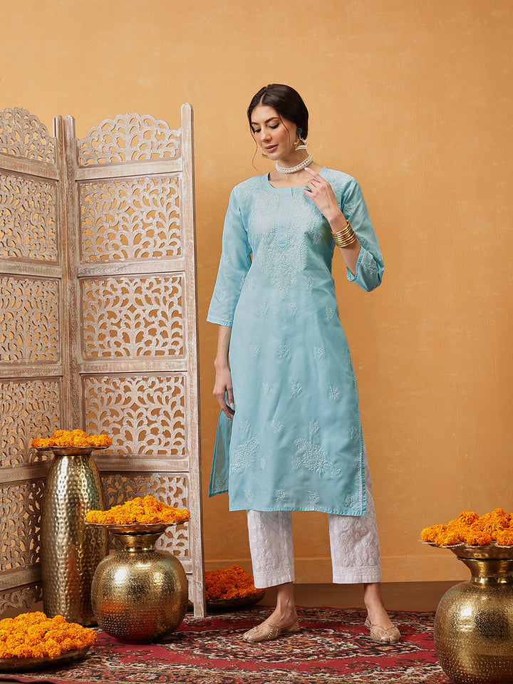 Blue Hand Embroidered Chikankari Kurta