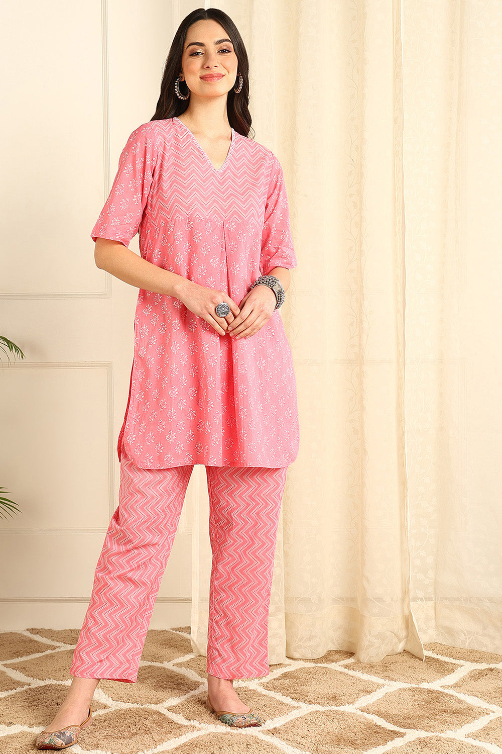 Pink-Cotton-V-Neck-Co-Ord-Set