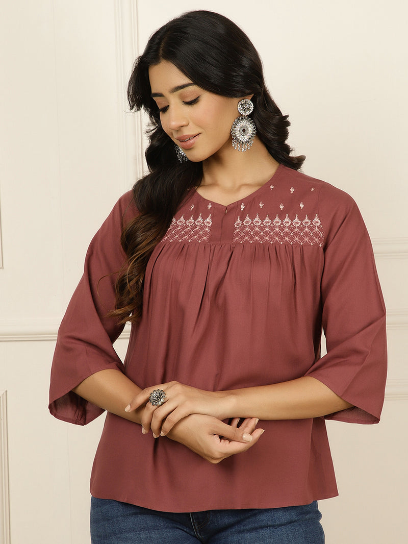 Mauve-Viscose-Rayon-Embroidered-Gathered-Top