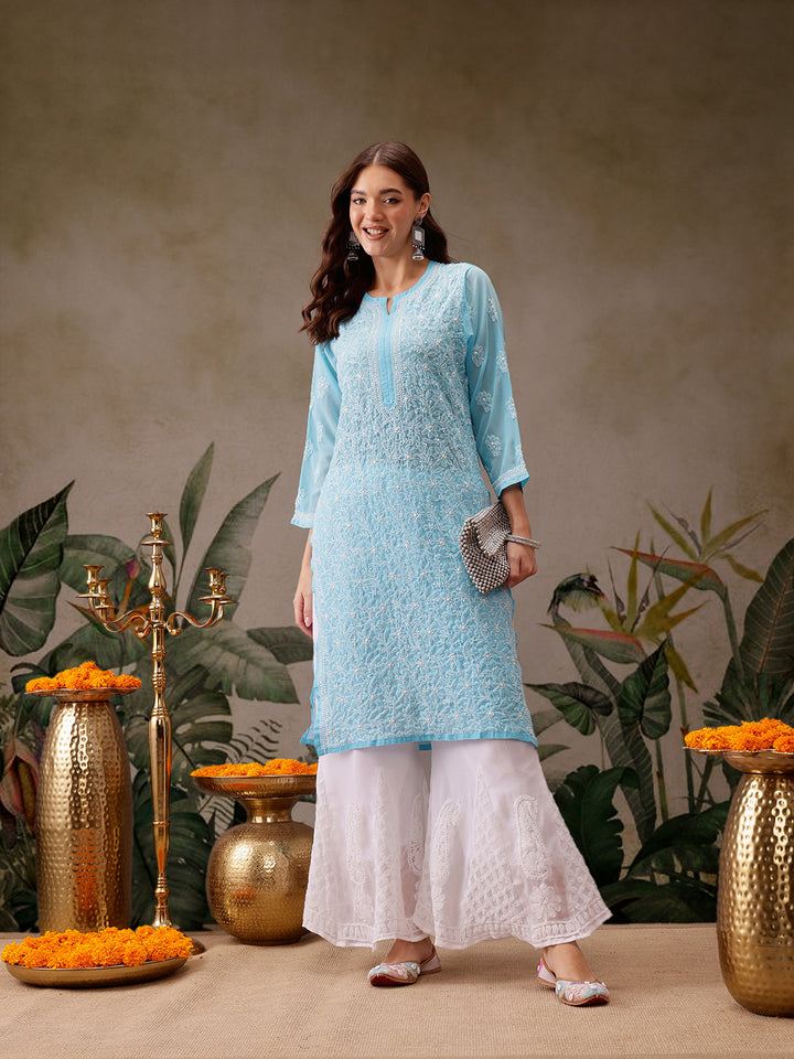 Blue Faux Georgette Chikankari Straight Kurti