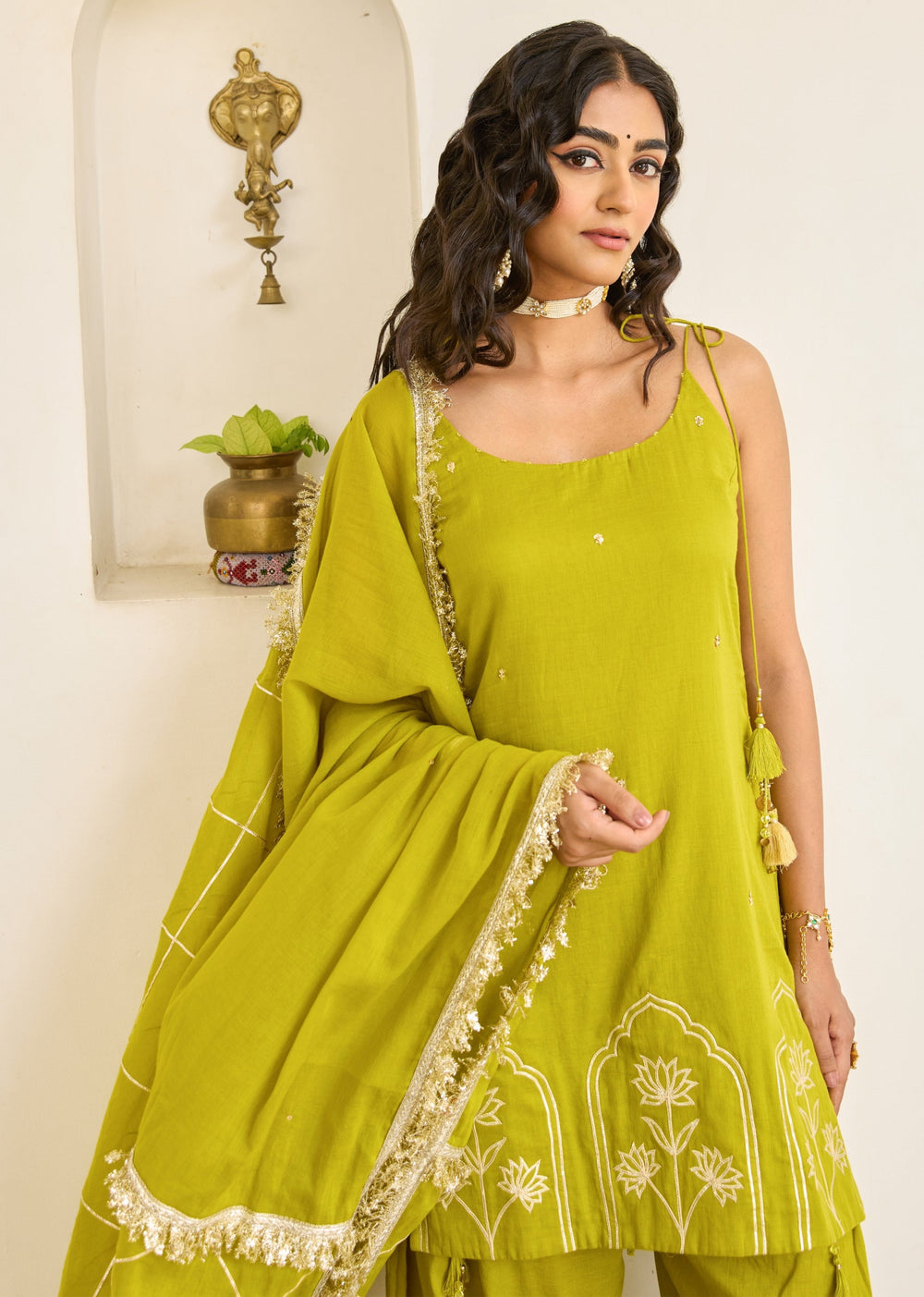 Mehndi-Green-Mulmul-Strappy-Kurta-With-Farshi-Shalwar-Set