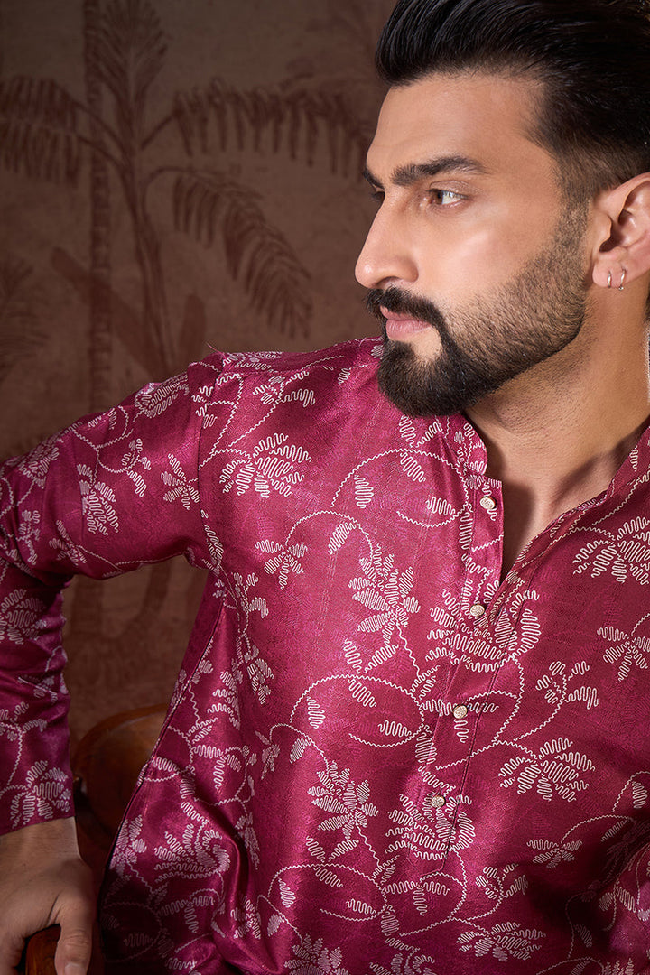 Mens Red Silk Blend Floral Printed Straight Kurta
