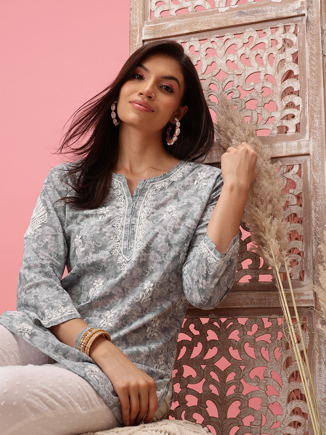 Grey Cotton Lucknowi Chikankari Kurti