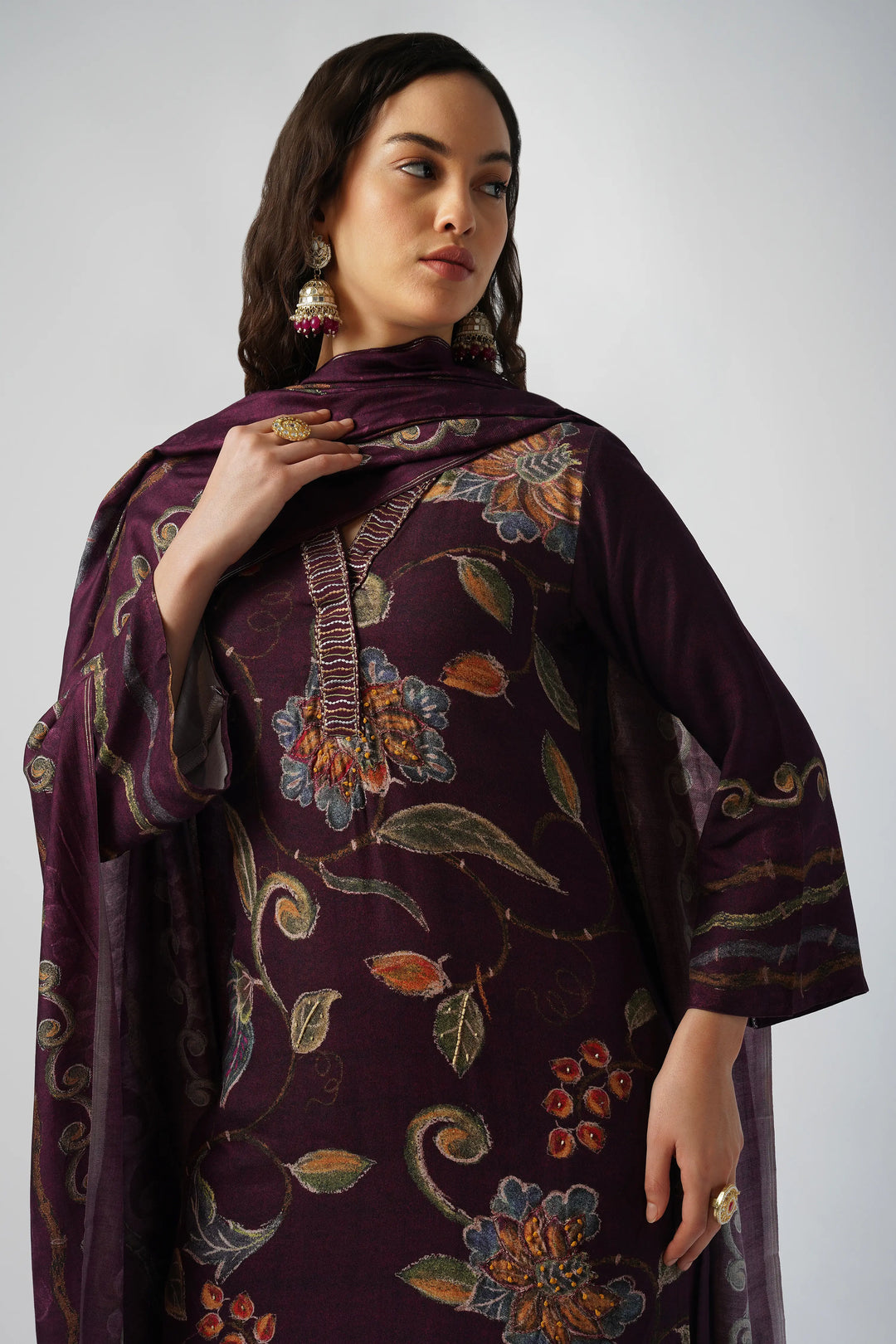 Deep Purple Pure Pashmina Wool Designer Suit Set