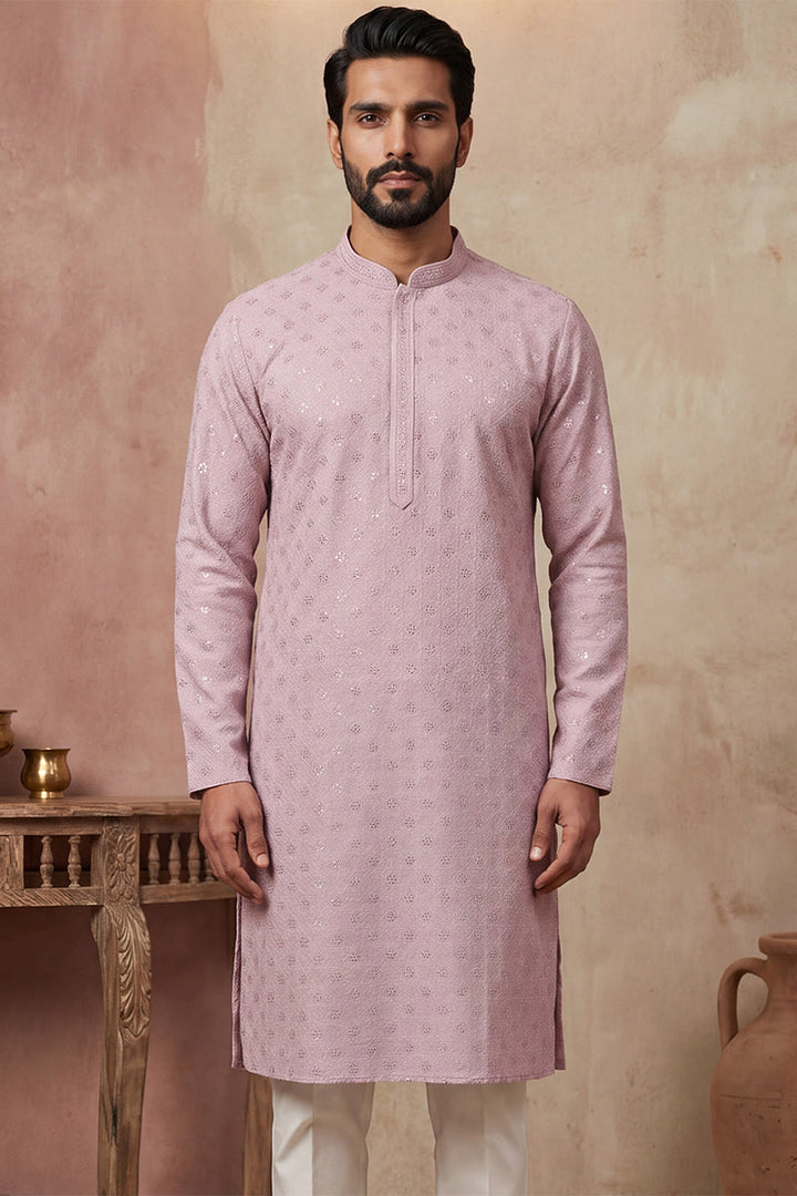 Mens Purple Viscose Rayon Solid Embroidered Straight Kurta with Trouser
