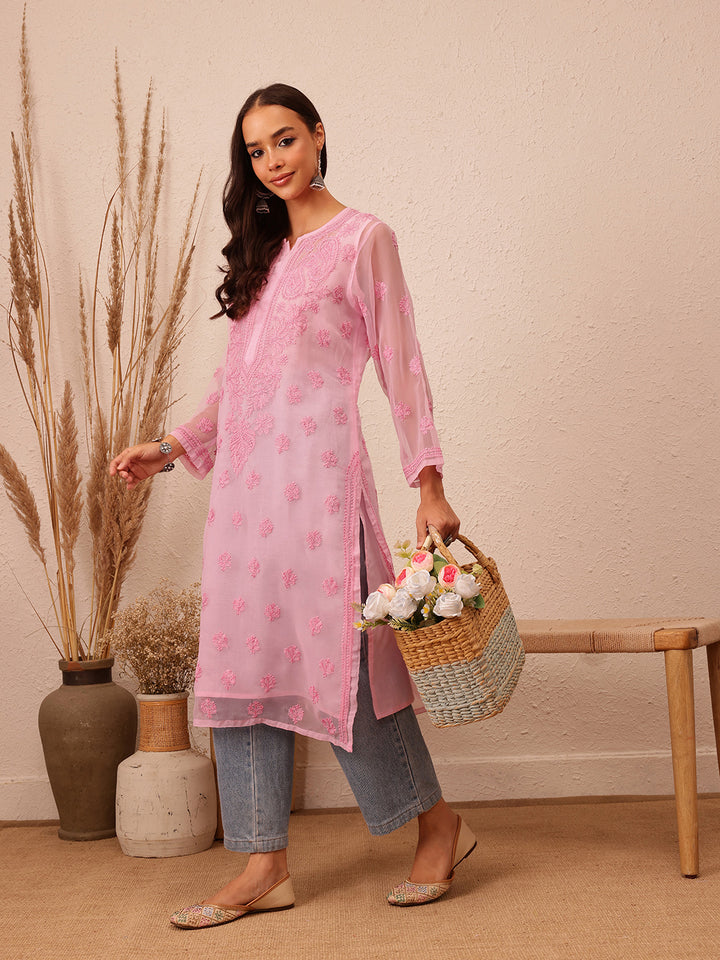 Embroidered Pink Chikankari Kurta With Slip