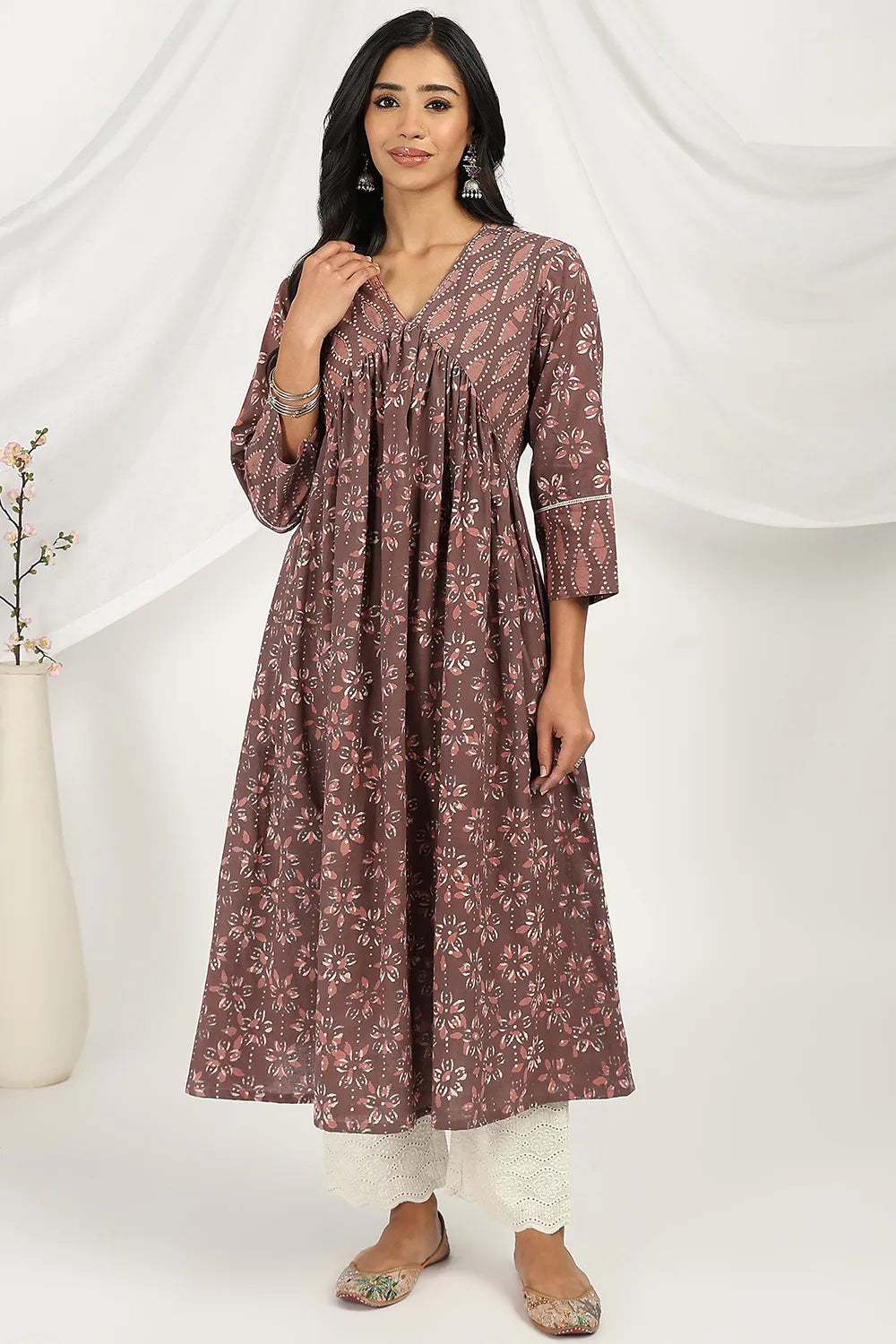 Wine-Daboo-Cotton-Sanganeri-Printed-'A'-Line-Kurta-Only