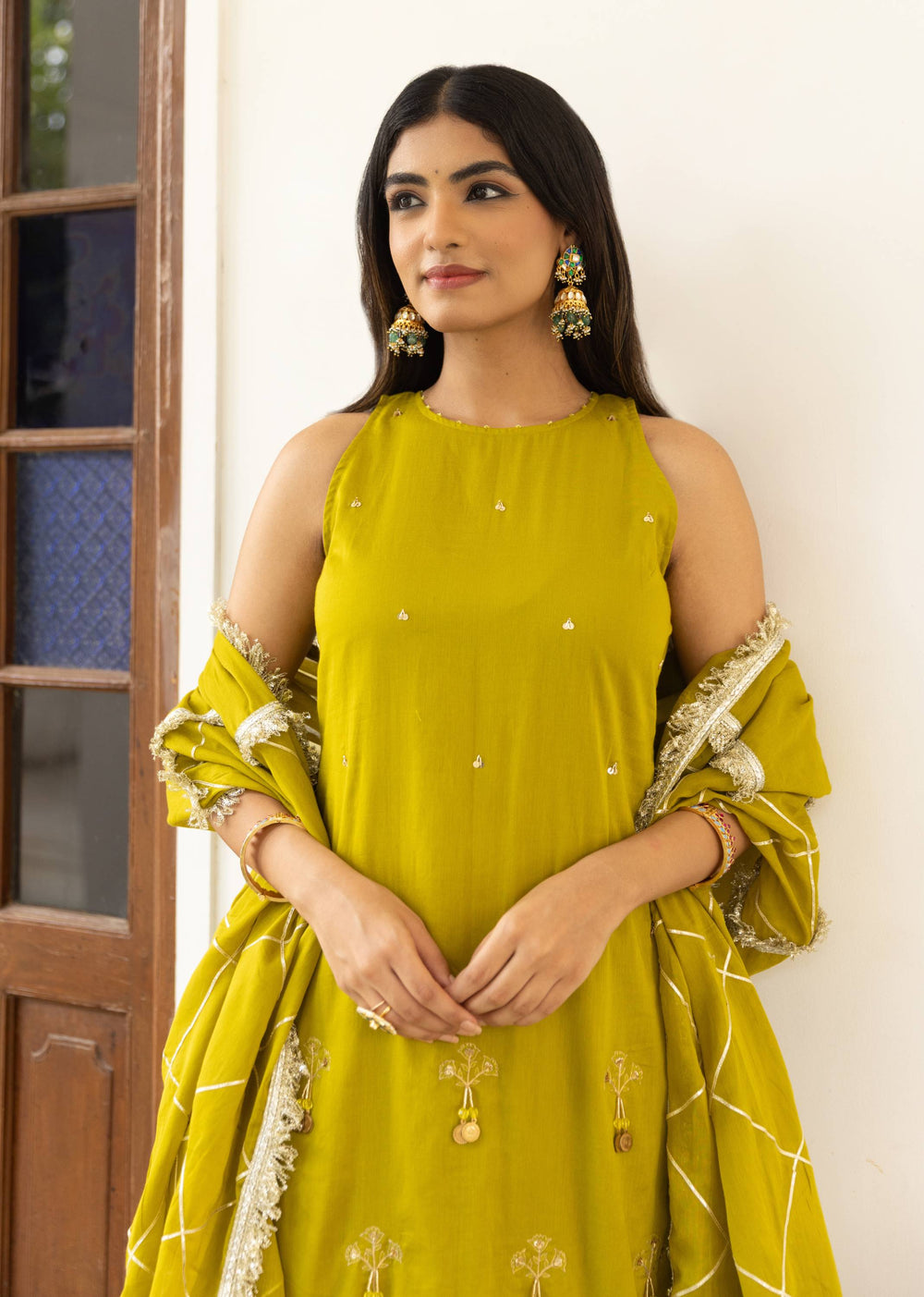 Olive-Green-Mulmul-Halter-Key-Hole-Straight-Kurta-Set