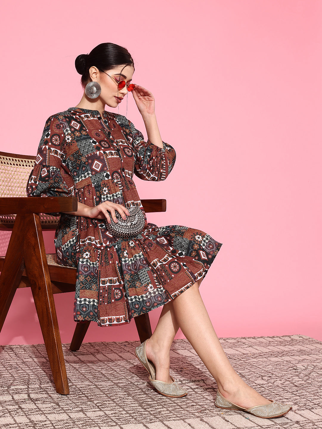 YUFTA-Ethnic-Motifs-Print-Puff-Sleeves-Tiered-Fit-&-Flare-Pure-Cotton-Dress-1163DRSRT