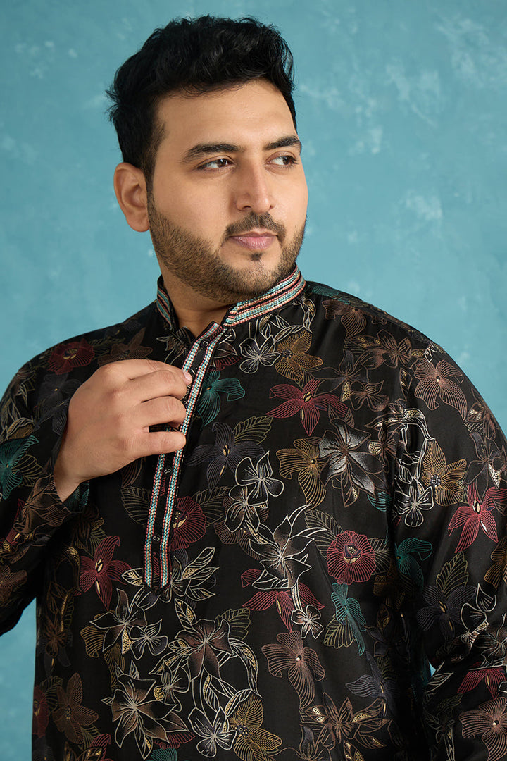 Mens Black Silk Blend Floral Printed Kurta