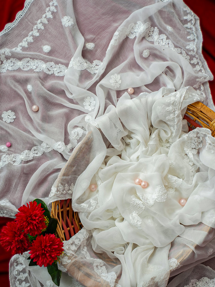 White Chiffon Embroidered Chikankari Dupatta
