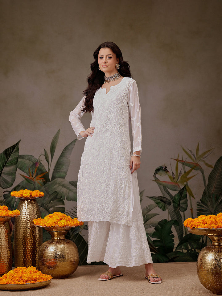 White Georgette Lucknowi Chikankari Kurta Only