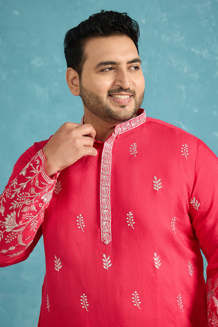 Mens Pink Silk Blend Solid Thread Work Embroidered Kurta