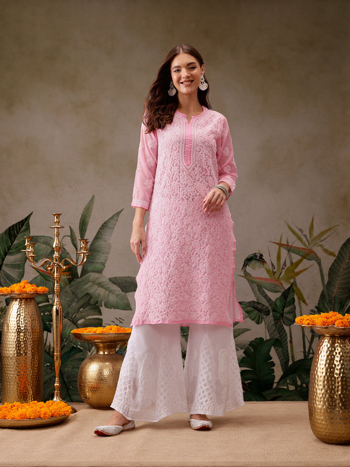 Baby Pink Faux Georgette Chikan Kurti