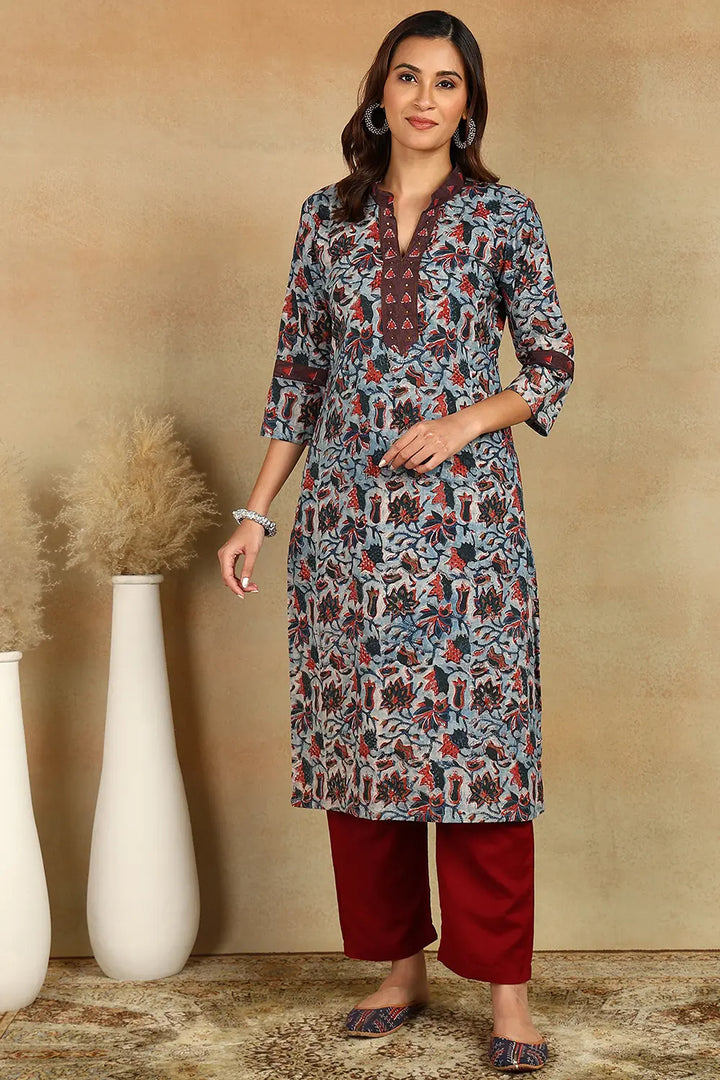 Navy-Blue-&-Maroon-Cotton-Straight-Bagru-Kurta