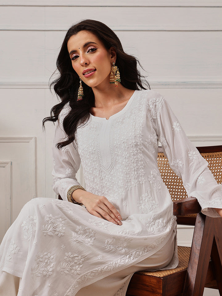 Hand Embroidered Lucknowi Chikankari  White Cotton Kurta