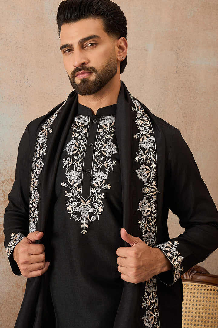 Mens Black Silk Blend Solid Embroidered Kurta With Dupatta