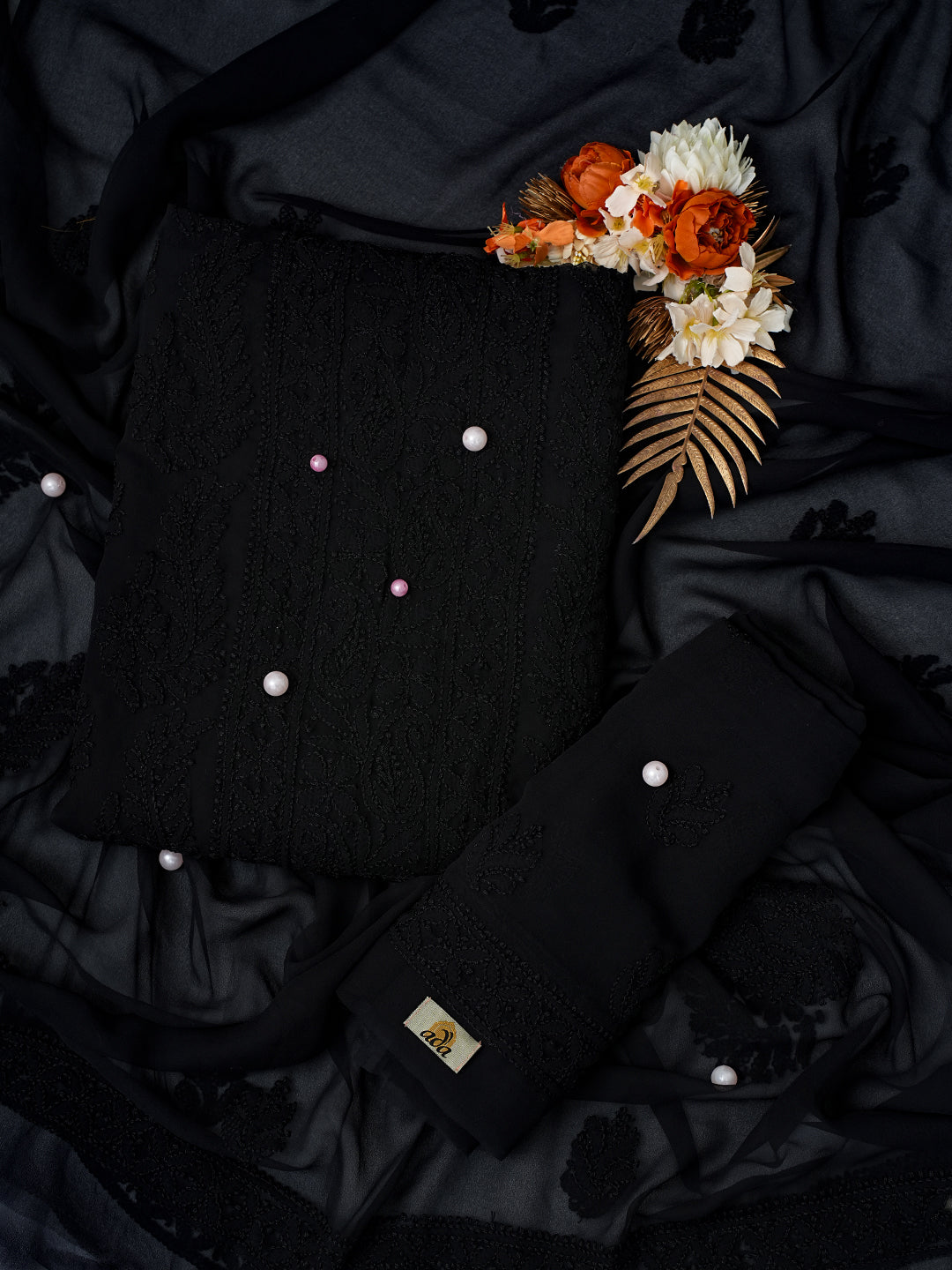 Black Chikankari Unstitched Dress Material