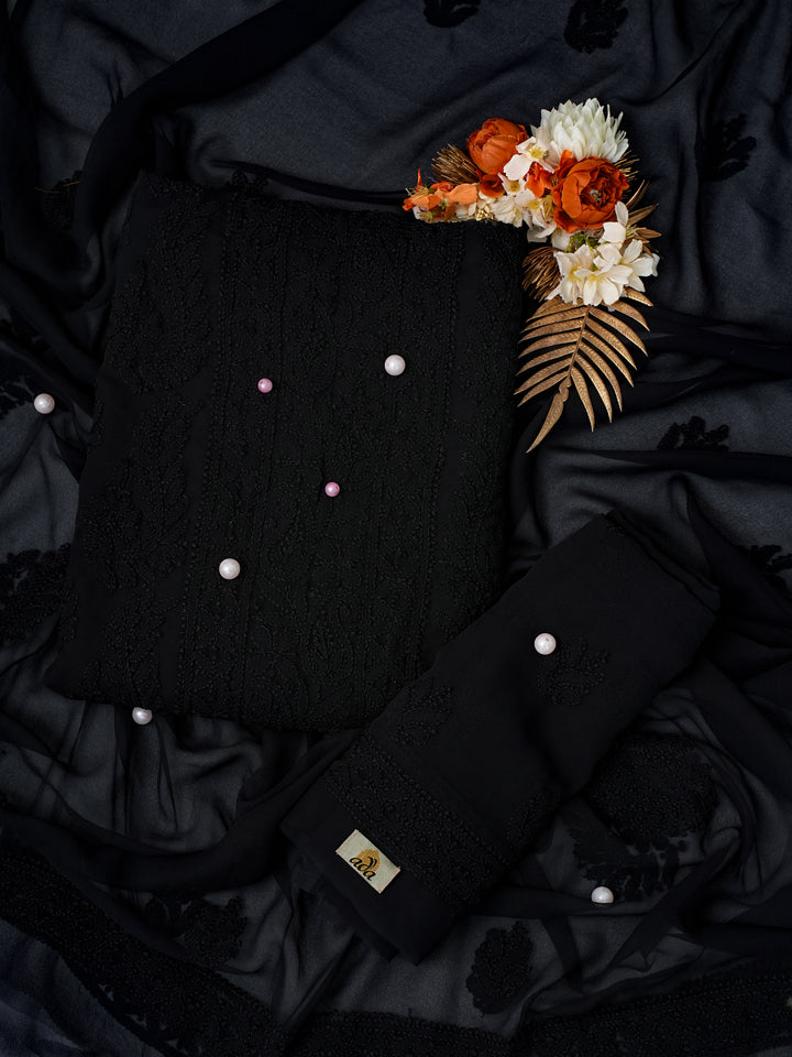 Black Chikankari Unstitched Dress Material