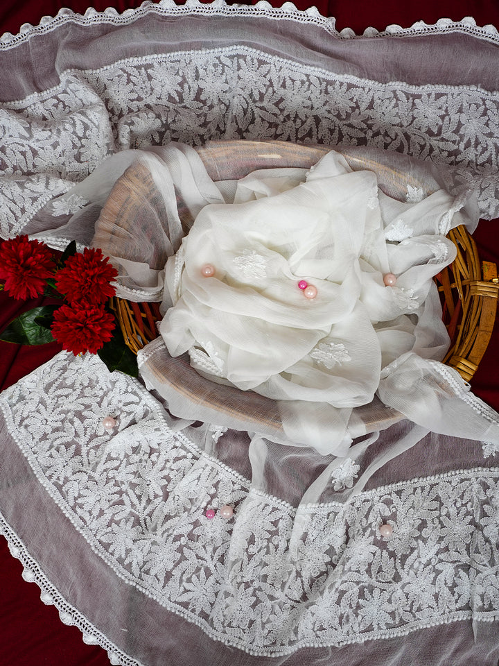 White Chiffon Ethnic Motifs Embroidered Chikankari Dupatta