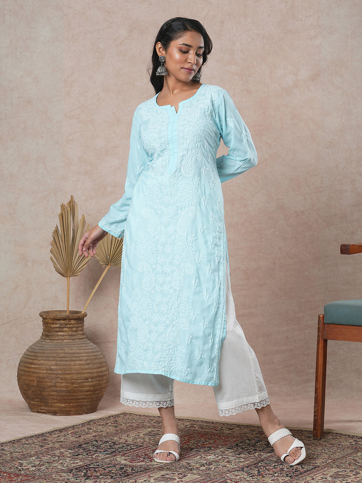 Hand Embroidered Lucknowi Chikankari sky Blue & White Cotton Kurta