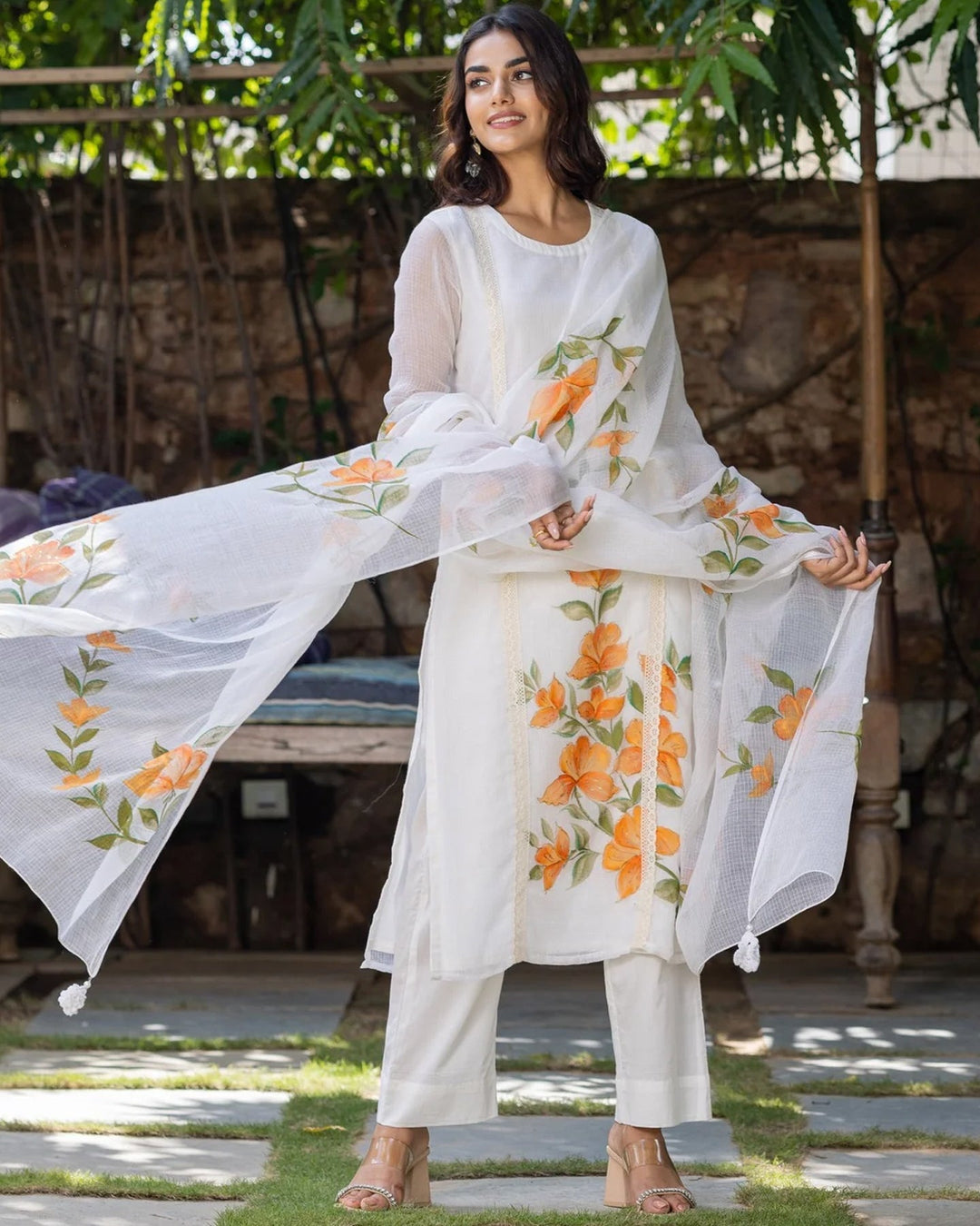 White-Kota-Doria-Hand-Painted-3-Piece-Kurta-Set