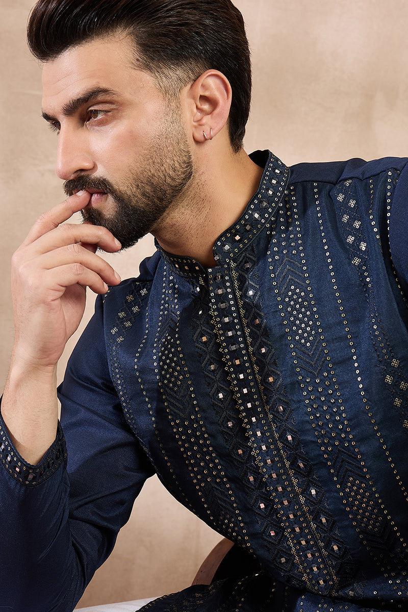 Mens Blue Silk Blend Geometric Embroidered Straight Kurta