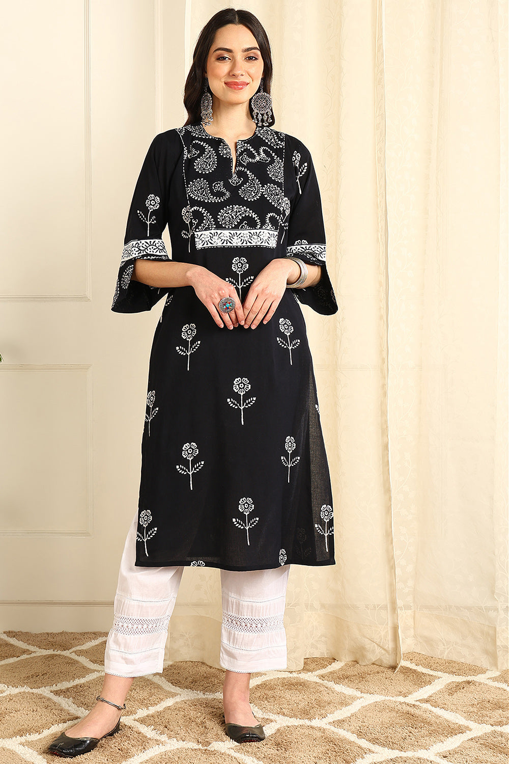 Black-Cotton-Straight-Bagru-Kurta