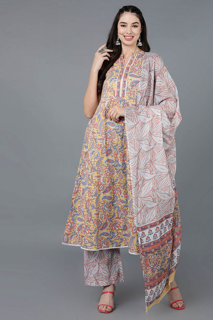 Yellow-Cotton-Flared-Kurta-Palazzo-With-Dupatta