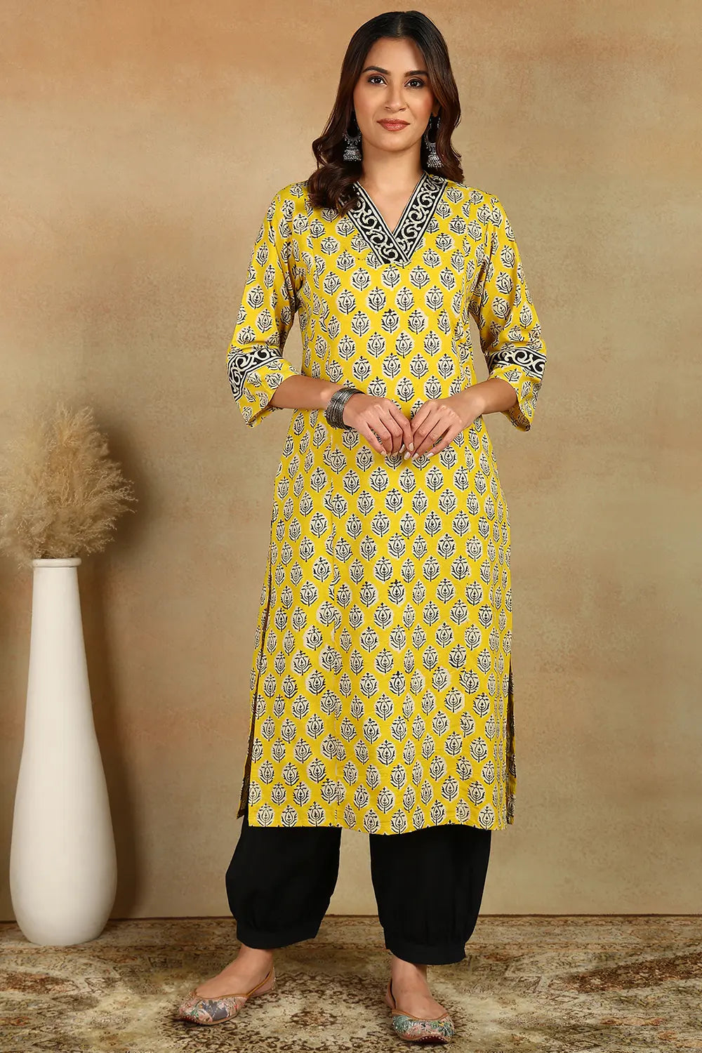 Yellow-Cotton-Hand-Block-Printed-Straight-Bagru-Kurta