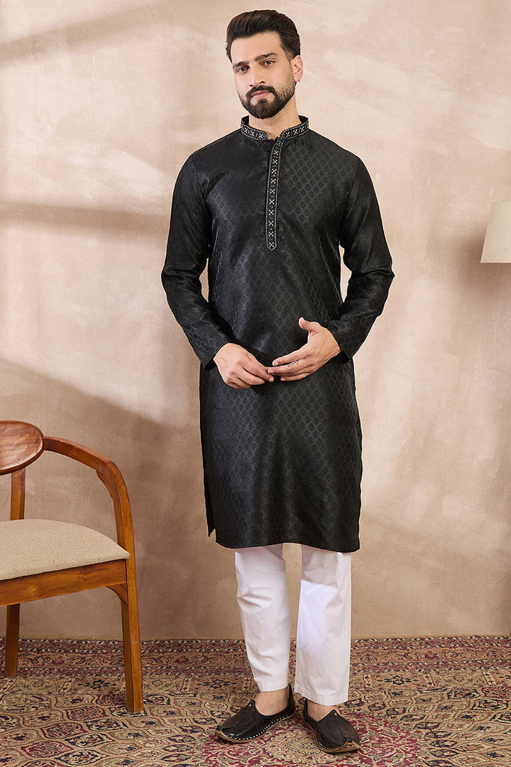 Mens Black Silk Blend Solid Woven Design Straight Kurta
